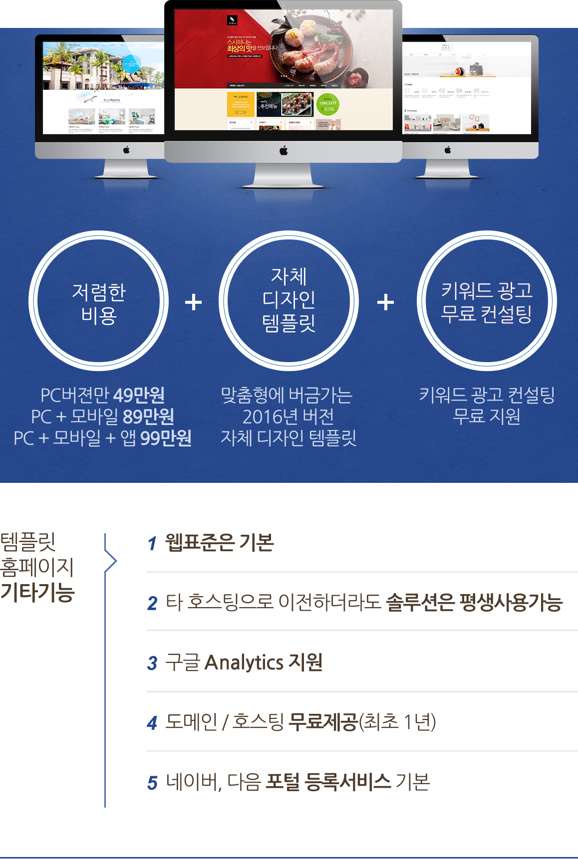 PC버젼만 49만원 / PC + 모바일 89만원 / PC + 모바일 + 앱 99만원,  맞춤형에 버금가는 2016년 버전 자체 디자인 템플릿,  키워드 광고 컨설팅 무료 지원